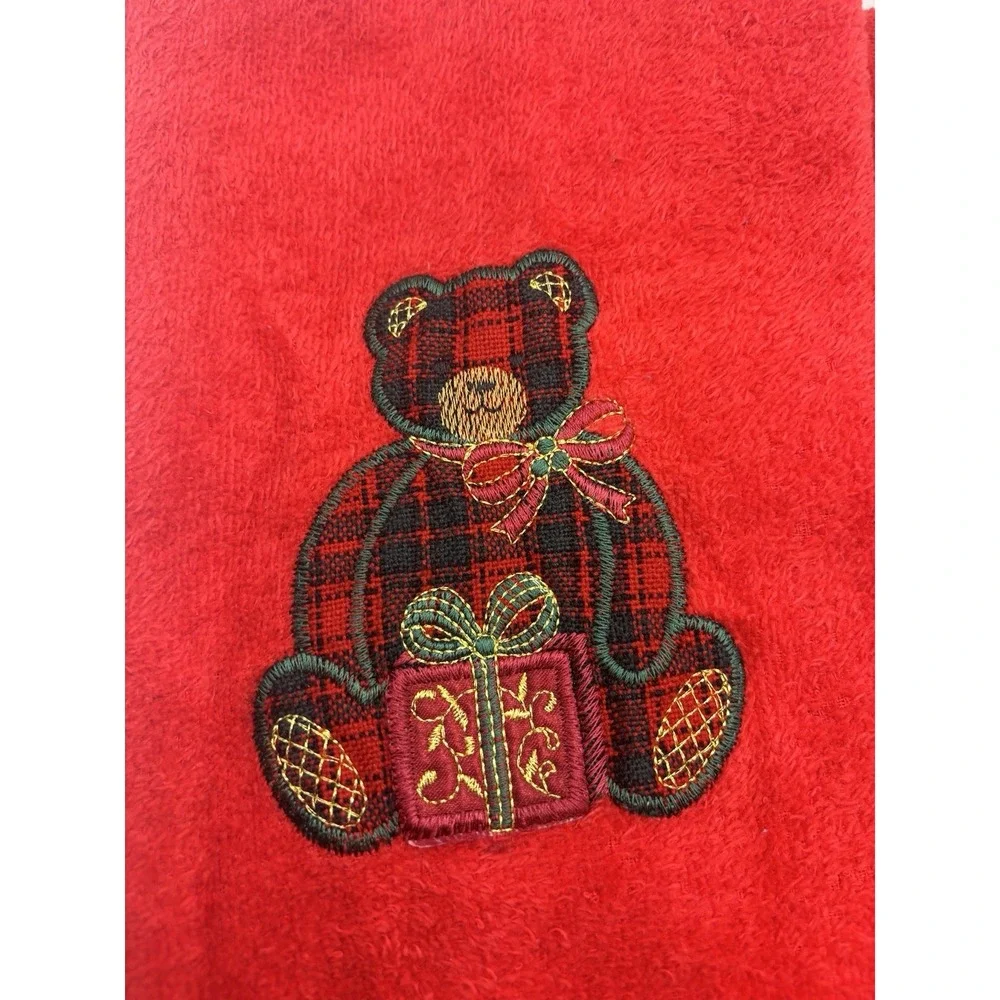 Vintage Christmas Teddy Bear Hand Towels 2 Red Embroidered Holiday Guest Towels